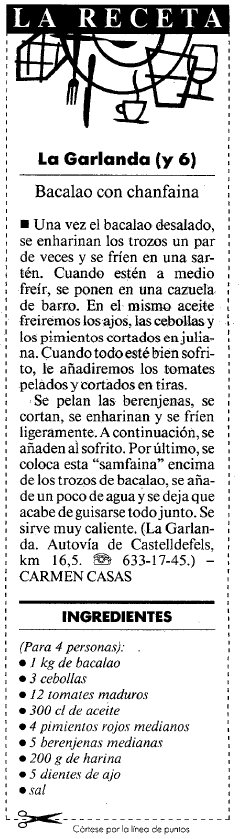 Recepta de bacall amb sanfaina del restaurant 'La Garlanda' de Gav Mar publicada al diari LA VANGUARDIA (8 Abril 1999)